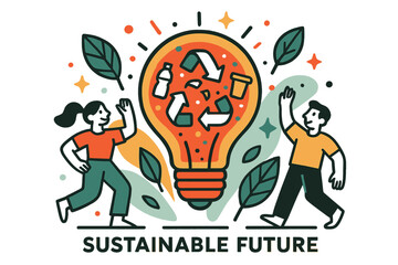 Green Innovation Symbol. Sustainable future. A glowing light bulb filled with recycling arrows and waste icons, abstract floating sparks and leaves symbolizing
