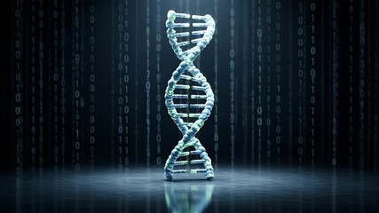 Abstract DNA Helix Against Binary Code Background Illuminated Stage - Powered by Adobe