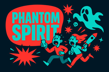 Phantom Spirit Banner. Phantom Spirit banner, flat vector illustration, bold oversized text inside rounded blob, cartoon characters shouting and running,
