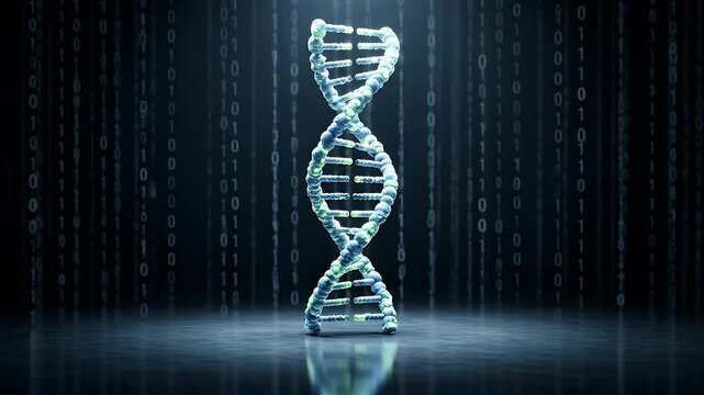 Abstract DNA Helix Against Binary Code Background Illuminated Stage - Powered by Adobe