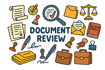 Vibrant Document Icons. Document Review. Colorful Hand-drawn doodle Children illustration Document Review magnifying glass, paper sheets, scroll, pen, stamp,