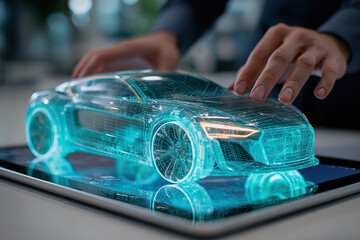 Neon holographic projection of an autonomous car on a tablet screen on an engineer's desk.