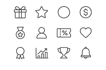 Loyalty Program Icons. Loyalty Programs. Line icon set of Loyalty Programs: gift box, star, badge, coin, medal, user profile, coupon, heart, ribbon, chart,