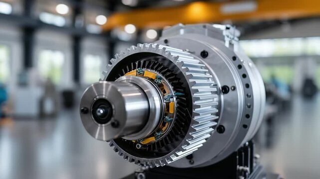 Large industrial gearbox with a splined drive shaft and gear rings, mounted on a stand in a workshop.