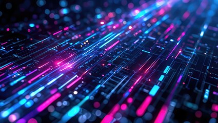 Futuristic glowing digital grid with vibrant neon blue and pink lines, representing fast data flow and technology. Generative AI