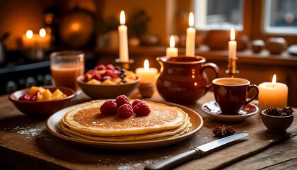 Naklejka premium Cozy morning breakfast with pancakes, fresh raspberries, assorted fruit, juice, and hot coffee, illuminated by warm candle glow