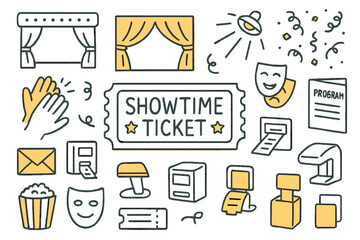 Showtime Theater Doodles. Showtime Ticket. Hand-drawn doodle illustration showtime ticket playbill (accented), theater ticket, stage, curtain (accented),