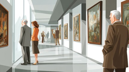 Fototapeta premium Visitors viewing artwork in a brightly lit modern art gallery