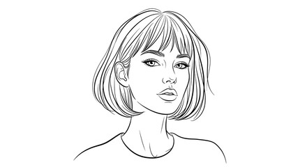 Woman line art drawing with short haircut, black ink stroke, elegant outline, perfect for posters, prints, and editorial design.