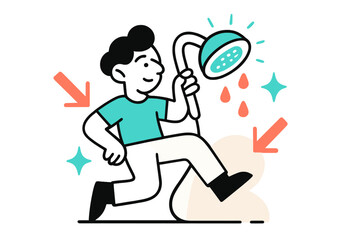 Mindful Water Consumption. Smart water use. A glowing showerhead with minimal droplets falling, abstract floating arrows and sparkles symbolizing mindful