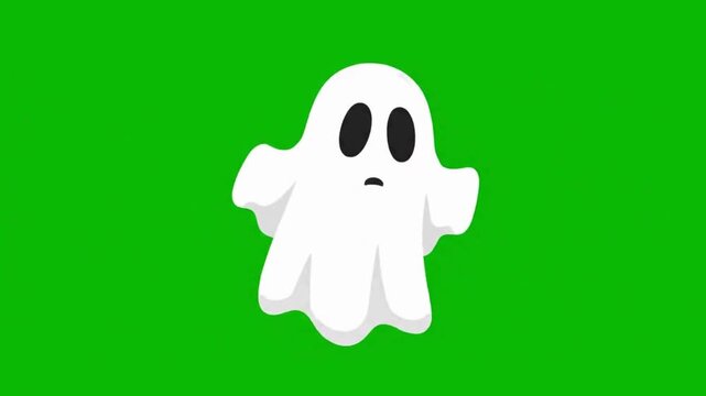An animation of a classic cartoon ghost icon. Green screen background.