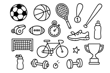Sports Doodles Collection. Sports. Hand-drawn doodle illustration sports soccer ball, basketball, tennis racket, baseball bat, football, whistle, stopwatch,