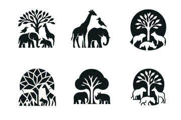 Fototapeta premium Tree of Life Logos. Endangered species and their protection. Set Logo of tree of life: diverse animal silhouettes around a tree. harmonious logo variations of