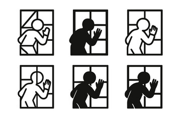 Window Shopping Logos. Window shopping. Set Logo of window shopping: shopper peeking through large storefront glass. harmonious logo variations of the same