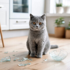 Curious cat near broken glass bowl – funny pet accident in family kitchen
