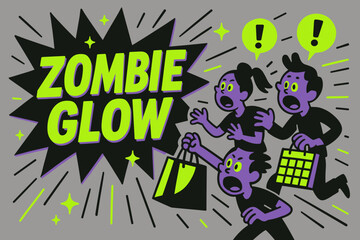 Fototapeta premium Zombie Glow Banner. Zombie Glow banner, flat vector illustration, bold oversized text inside comic burst, cartoon characters running and shouting at banner,