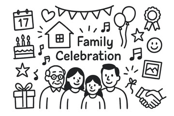 Family Celebration Icons. Family Celebration. Hand-drawn doodle illustration Family Celebration house, group of people, heart, balloons, cake, calendar, gift