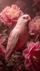 A beautiful pink hookbill bird on a branch, surrounded by lovely pink peonies. A romantic look, shallow depth of field, and subtle lighting. A glamorous glow overlay. Hyperrealistic.