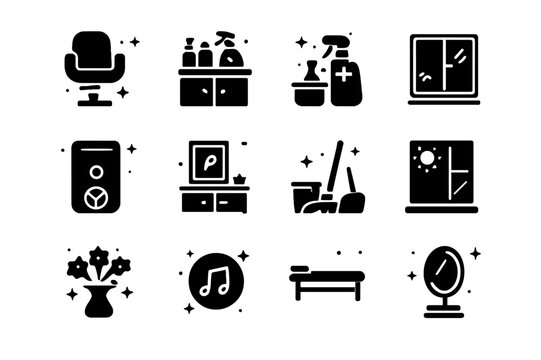 Beauty Salon Icons. Beauty Salon Environment. Solid icons set of Beauty Salon Environment: comfortable chair, clean countertop, sanitized workspace, fresh air,