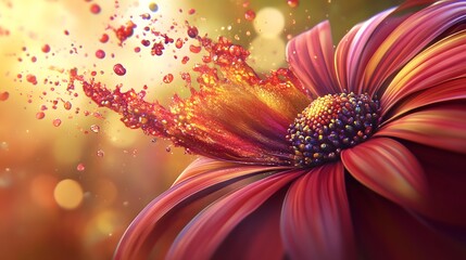Vibrant red flower with exploding glitter and liquid drops art, artistic rendering