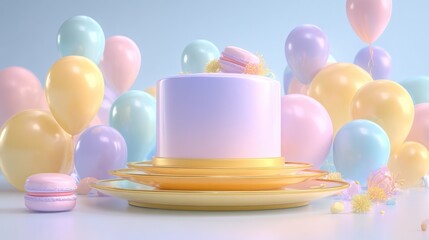 Pastel birthday cake celebration with balloons and sweets 3 d render