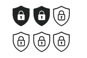 Data Security Logos. E-governance. Set Logo of data security shield: Filled silhouette, Minimal outline, Symmetrical form, Iconic shape, Abstract geometric,