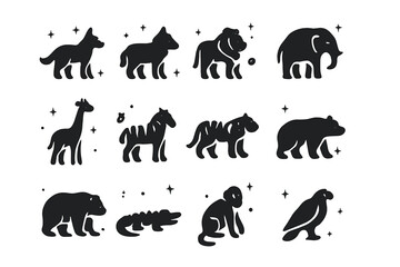 Wild Animal Icons. Wild animals. Solid icons set of Wild animals: jackal, wolf, lion, elephant, giraffe, zebra, tiger, rhino, bear, crocodile, monkey, eagle.