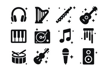 Obraz premium Relaxing Music Icons. Relaxing ambiance music. Solid icons set of headphones, harp, flute, guitar, piano keys, record player, music note, chime, drum, violin,