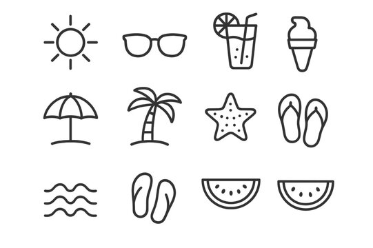 Summer Icon Set. Summer vibes. Line icon set of summer vibes: sun, sunglasses, ice cream, lemonade, beach umbrella, palm tree, starfish, flip flops, waves, - Powered by Adobe