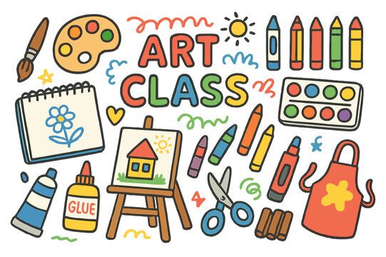 Colorful Art Class Icons. Art class. Colorful Hand-drawn doodle Children illustration Paintbrush, palette, watercolor, colored pencils, crayons, sketchbook,
