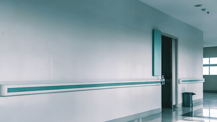 Interior of a sterile hospital corridor depicting cleanliness and medical care architecture