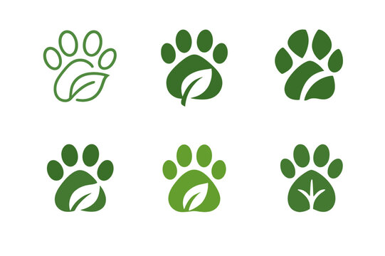 Eco-Friendly Pet Logo. Eco-Friendly Pet Care. Set Logo of Eco-Friendly Pet Care: paw print with leaf. harmonious logo variations of the same emblematic