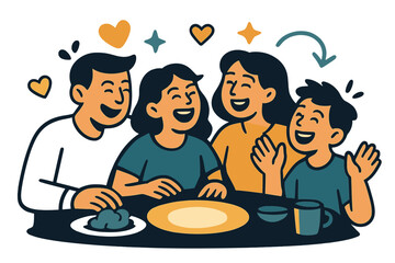 Joyful Family Gathering. Family time. A group of stylized figures laughing together around a glowing dinner table, floating icons of hearts and stars symbolize