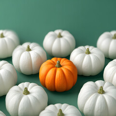 One orange pumpinkin standing out in a group of white pumpkins on a green background. Concept of diversity, individuality, inclusion, uniqueness, and thinking differently. Copy space for text.