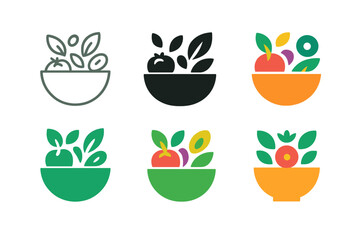 Colorful Salad Logos. Preparing a colorful salad with a variety of vegetables. Set Logo of Preparing a colorful salad with a variety of vegetables: Bowl of