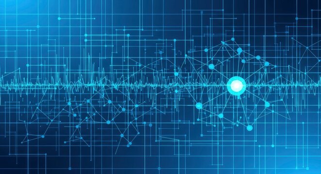 A dark blue background features a luminous blue grid overlaid with interconnected lines and glowing nodes forming a complex network A fluctuating waveform pattern runs horizontally across the center
