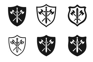 Obraz premium Antique Shield Logos. Antique Weapons. Set Logo of Antique Weapons: knight?s shield. harmonious logo variations of the same emblematic concept, each with