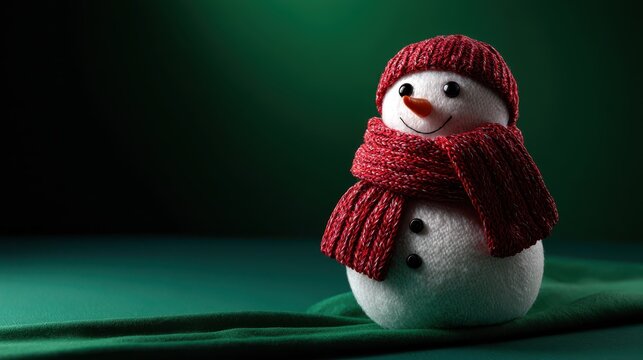 Cute snowman in red scarf and hat on green background