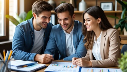 Diverse business team collaborating on financial report, smiling and discussing data in modern office environment