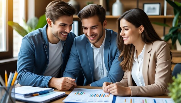 Diverse business team collaborating on financial report, smiling and discussing data in modern office environment