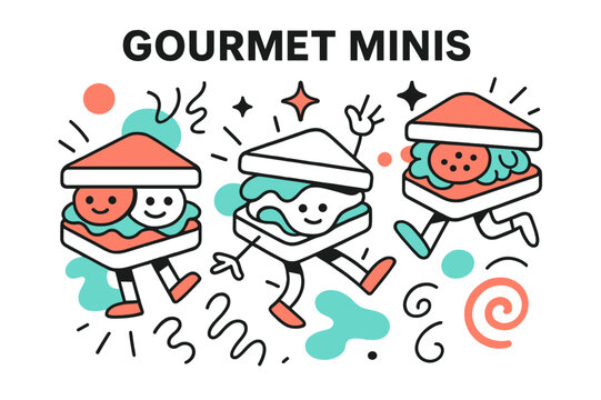 Gourmet Mini Sandwiches. Gourmet Minis. Small glowing sandwiches with unique fillings, abstract floating spark and swirl shapes symbolizing culinary