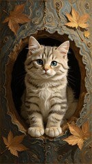 Realistic oil painting featuring a fluffy kitten with a soft, gray and white striped coat. The kitten's large, expressive eyes are a deep blue