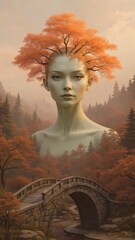 Realistic photo artwork featuring a dreamlike landscape. This double exposure central focus is a large, ethereal female face with a serene expression, seamlessly integrated into the environment.