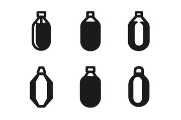 Punching Bag Logos. Boxing fitness workouts. Set Logo of punching bag: Stylized detail, Iconic shape, Minimal outline, Flat solid, Abstract geometric, Negative