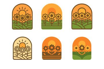 Fototapeta premium Sunflower Logo Variations. Long summer days and sunsets. Set Logo of Long summer days and sunsets: Field of sunflowers facing the sun. harmonious