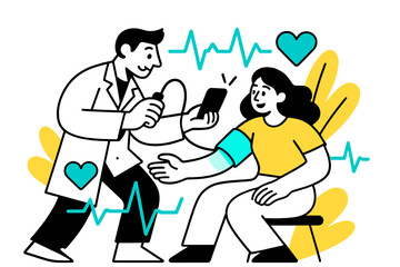 Blood Pressure Monitor. Blood Pressure Test. A patient with glowing cuff on their arm, abstract floating pulse lines and heart icons around. Modern flat-line