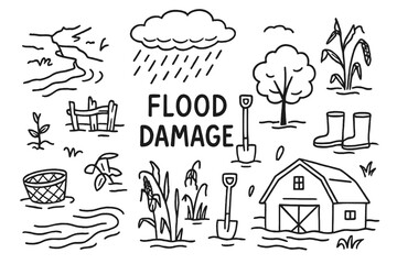 Flood Damage Doodles. Flood damage. Hand-drawn doodle illustration flood damage broken field, muddy water, drowned plant, raindrops, cloud, river, washed