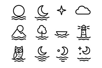 Fototapeta premium Moonlit Night Icons. Moonlit Water. Line icon set of Moonlit Water: full moon, crescent moon, water ripples, star, cloud, mountain, tree, boat, lighthouse,