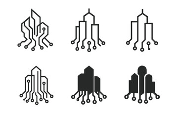 Tech-Skyline Logo Variations. Business and technology convergence. Set Logo of Business and technology convergence: Circuit-board skyscraper (city skyline made