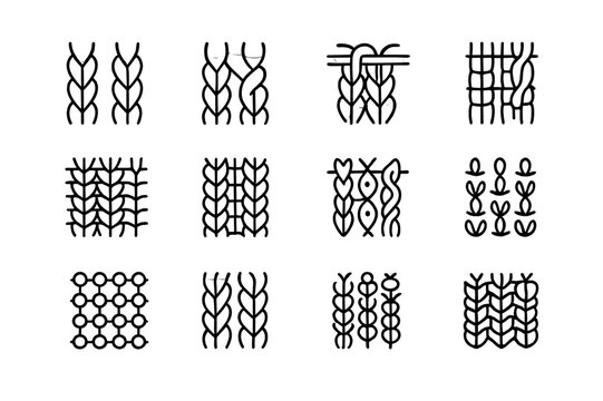 Knitting Stitches Icons. Knitting stitches. Line icon set of Knitting stitches: knit stitch, purl stitch, cable stitch, rib stitch, garter stitch, moss stitch,